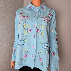 VTG BFA Classics Embroidered Floral Jacket Blue‎ Cotton Women's XL Boho 90s